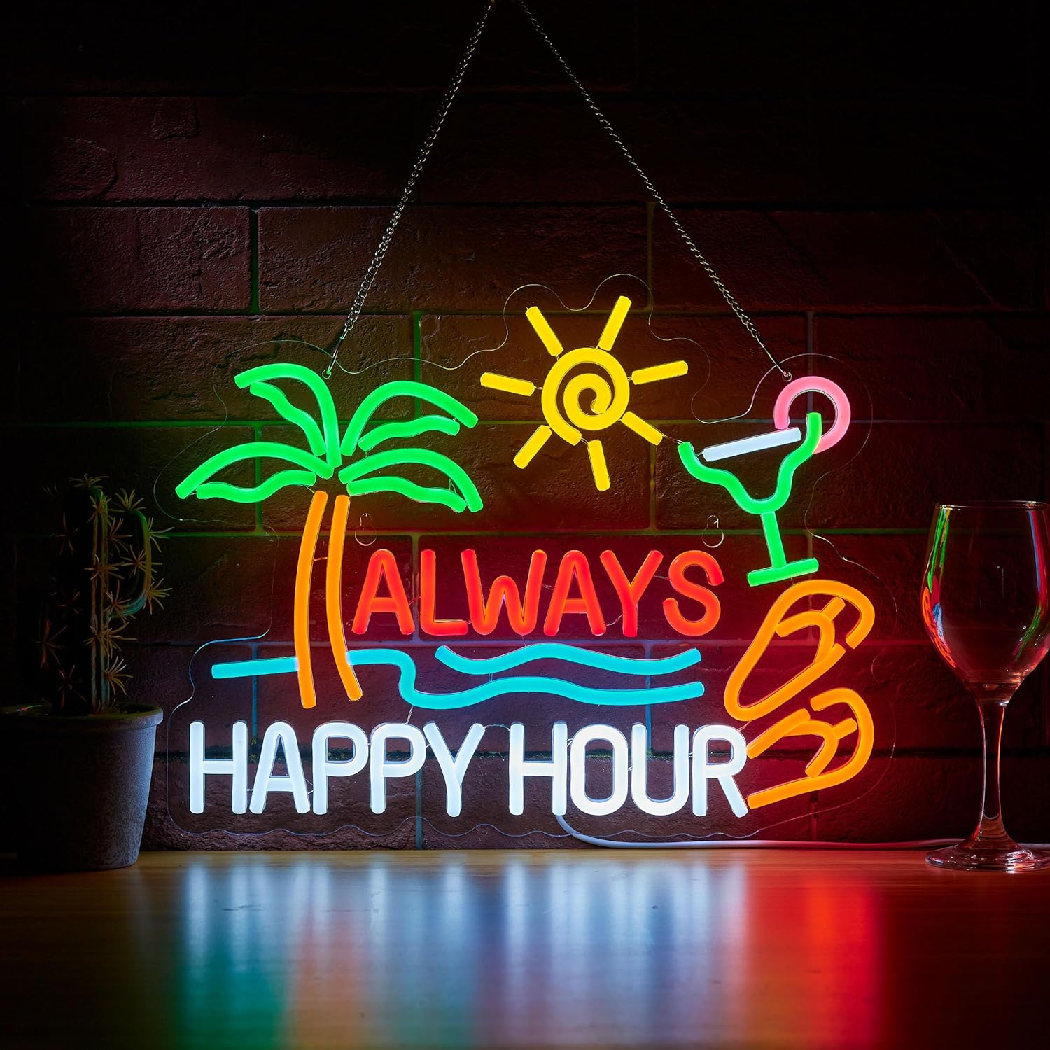 Home Decor Gift - Always Happy Hour Beer Bar Neon