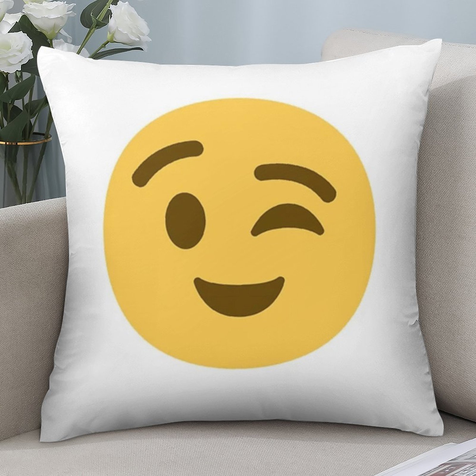 Home Decor Emoji - Cute Winking Emoji Pillowcase, Yellow Smiley
